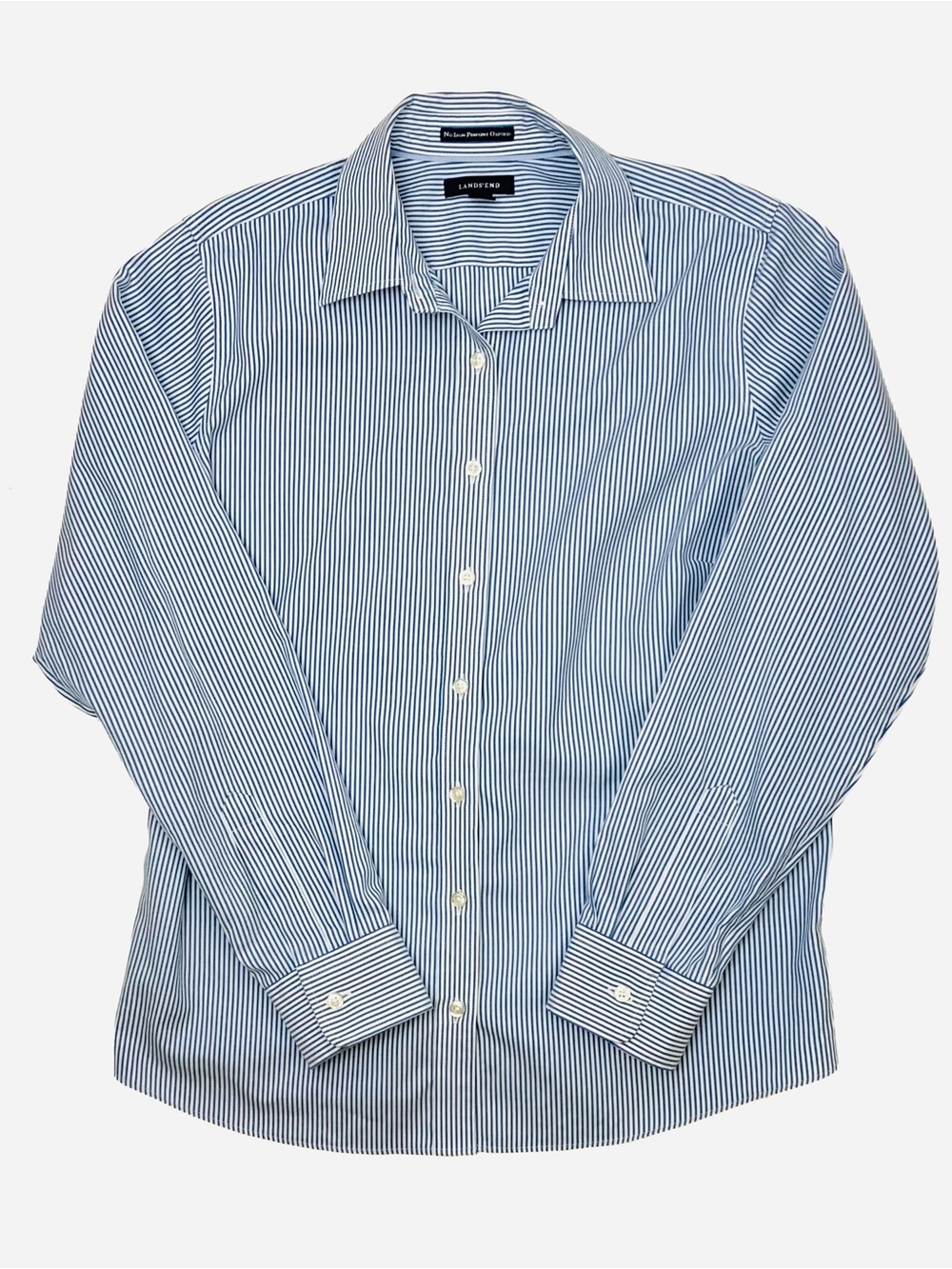 Lands End Women Non Iron Pinpoint Shirt Size 12 Blue Striped Career Stretch